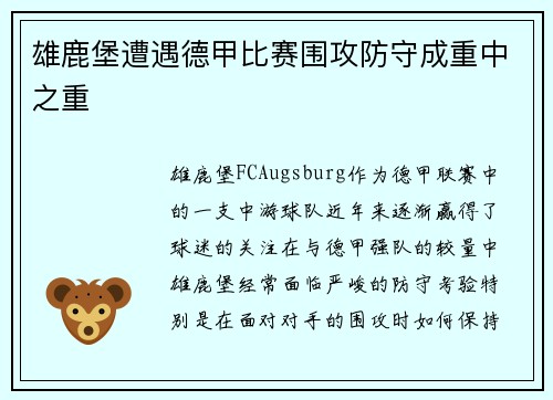 雄鹿堡遭遇德甲比赛围攻防守成重中之重