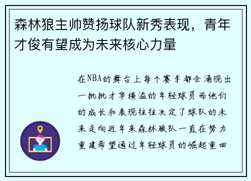 森林狼主帅赞扬球队新秀表现，青年才俊有望成为未来核心力量
