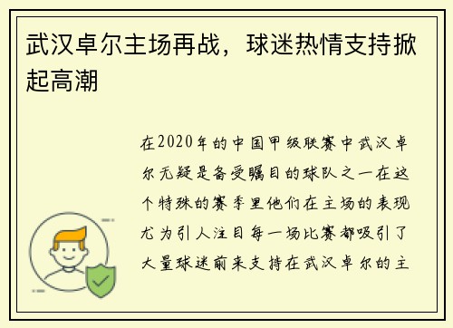 武汉卓尔主场再战，球迷热情支持掀起高潮