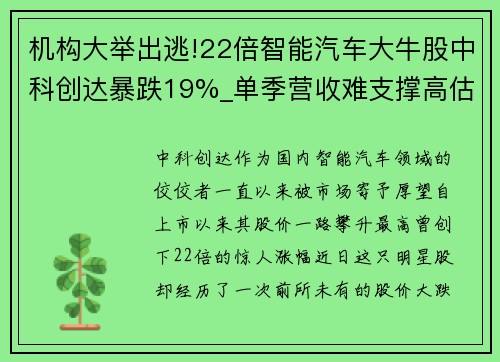 机构大举出逃!22倍智能汽车大牛股中科创达暴跌19%_单季营收难支撑高估值