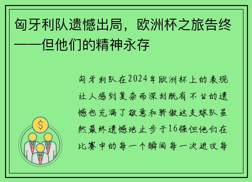 匈牙利队遗憾出局，欧洲杯之旅告终——但他们的精神永存