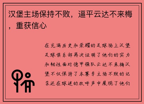 汉堡主场保持不败，逼平云达不来梅，重获信心