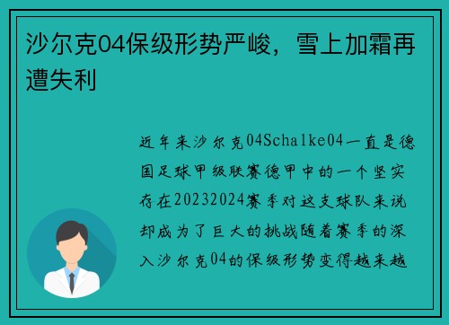 沙尔克04保级形势严峻，雪上加霜再遭失利