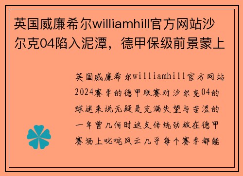英国威廉希尔williamhill官方网站沙尔克04陷入泥潭，德甲保级前景蒙上阴影