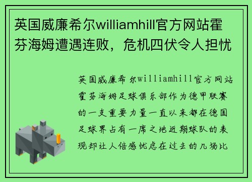 英国威廉希尔williamhill官方网站霍芬海姆遭遇连败，危机四伏令人担忧